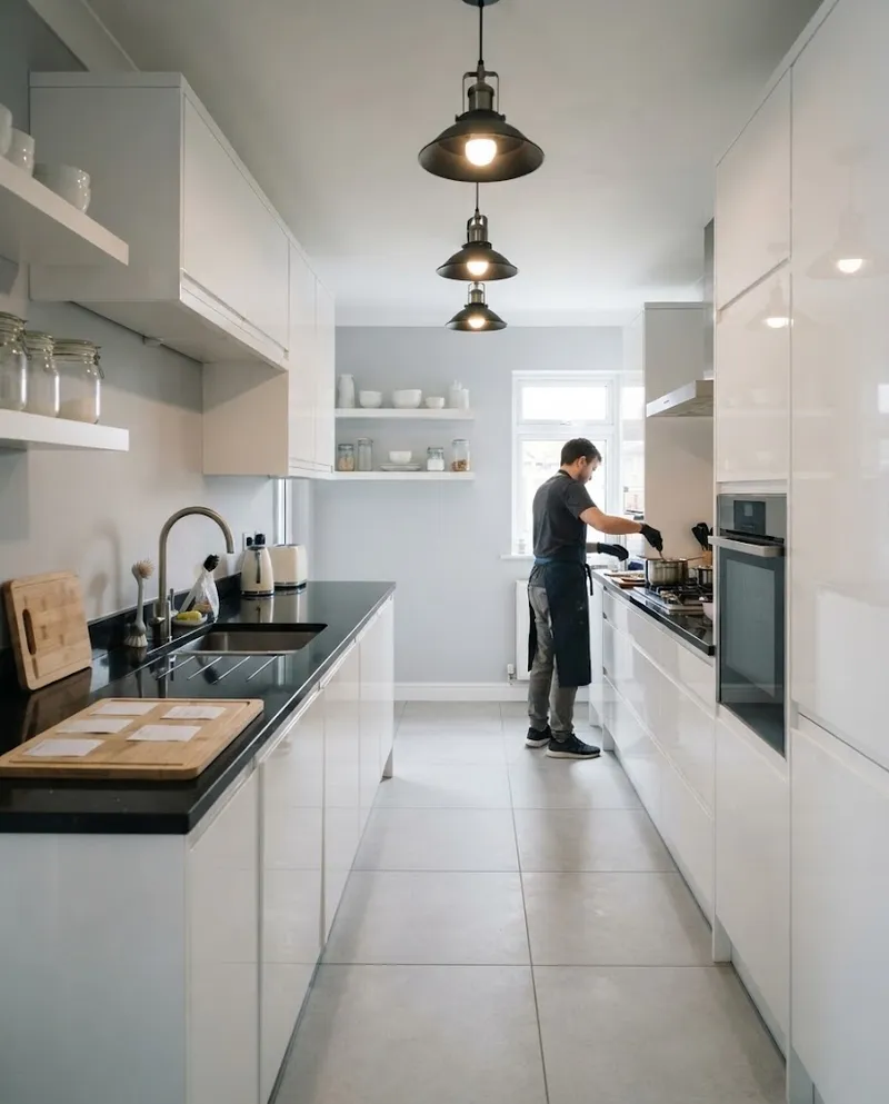 Cozinha branca lacada com bancada preta