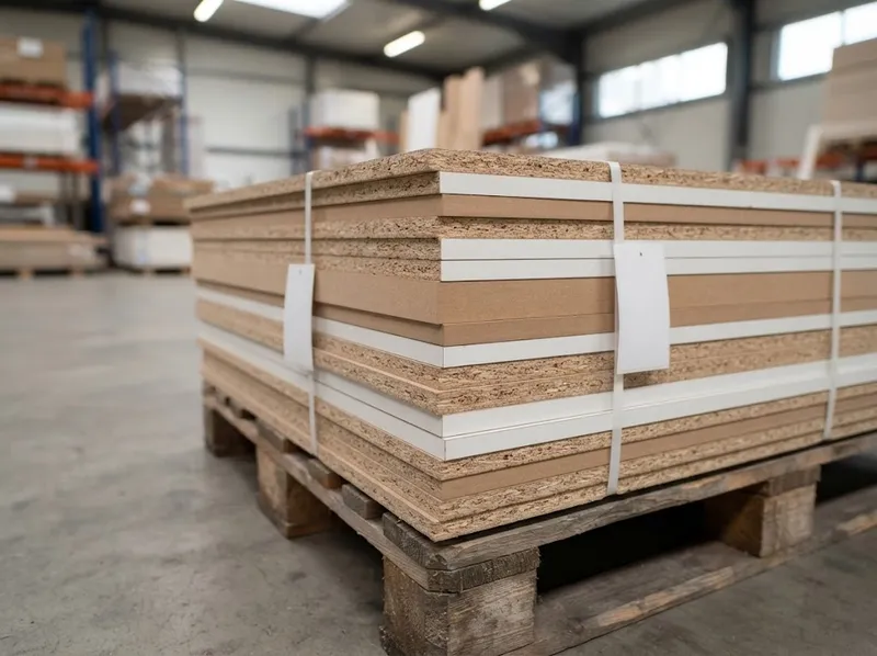 Pilhas de aglomerado e MDF em paletes